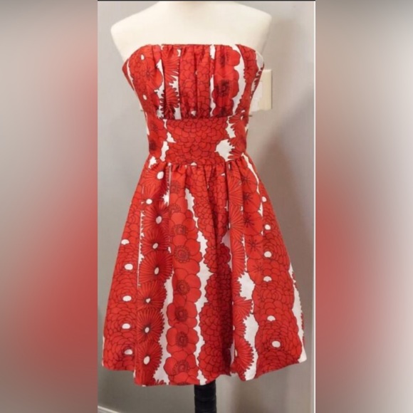 Plenty Flock! by Tracy‎ Reese Red White 100% Silk Strapless Balloon Dress Size 8 - Picture 1 of 6